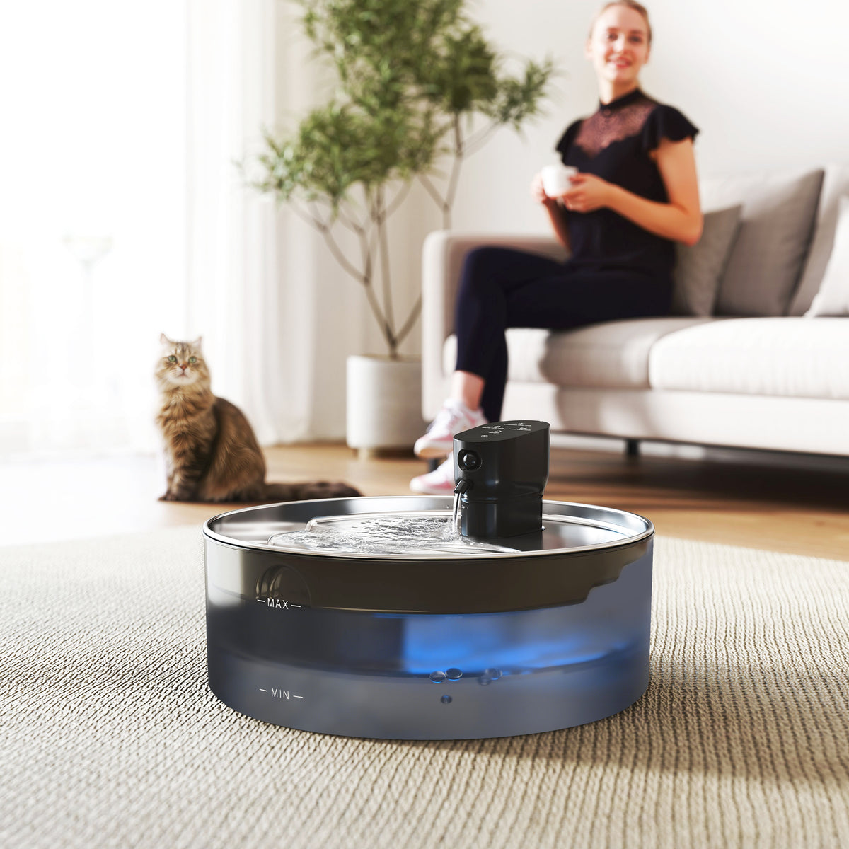 Kattenfontein 7L drinkfontein voor katten met stille pomp LED actieve koolfilter roestvrij staal 30,6 x 30,6 x (2)