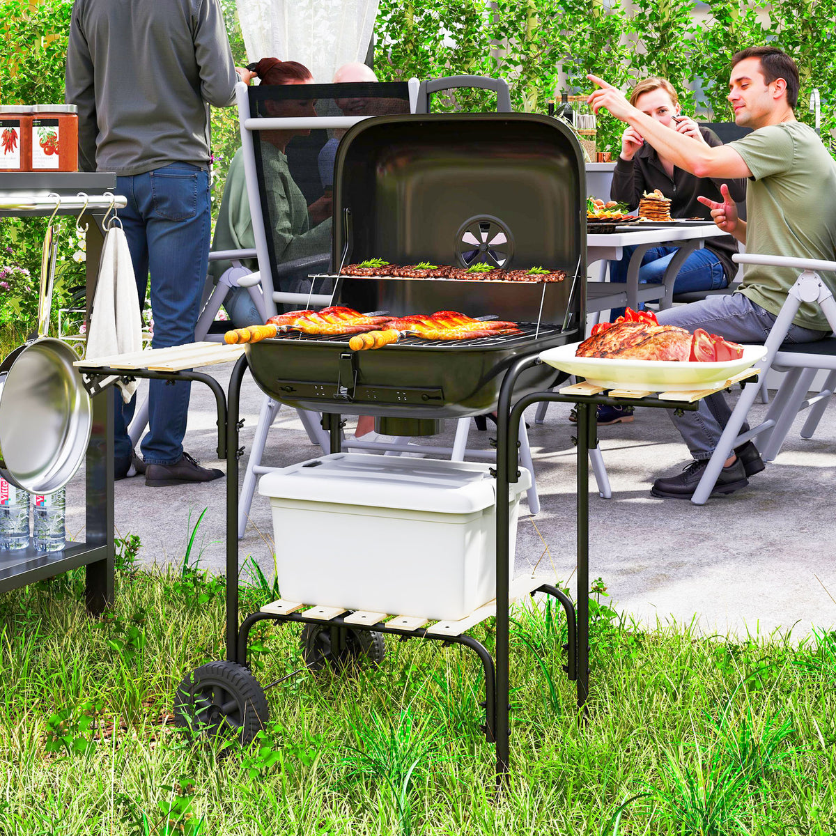Houtskoolbarbecue van staal verrijdbare barbecue met afsluitbaar deksel grillrooster wielen handvat houten plank (2)