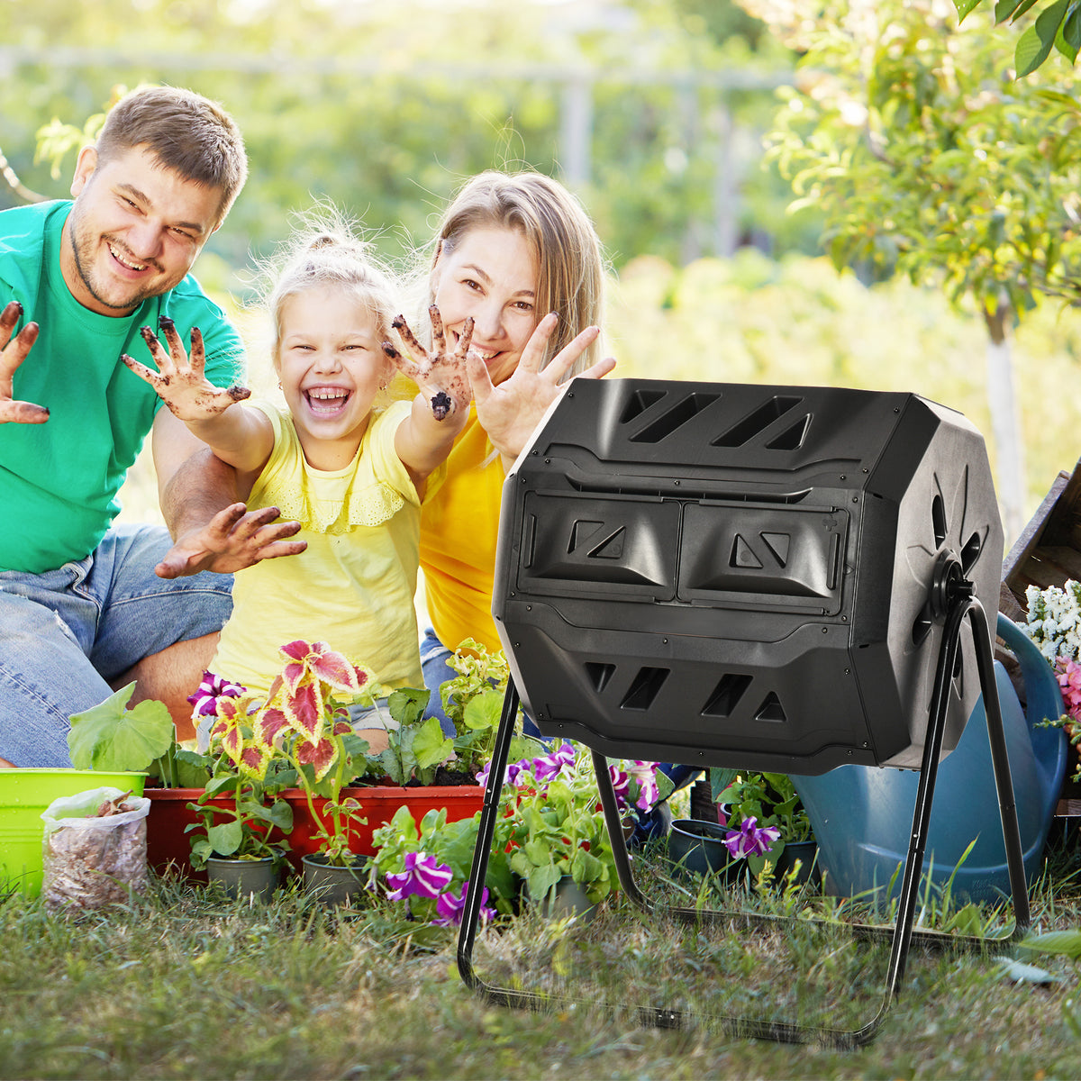 Compostbak met 2 vakken, 160 l inhoud, draaibaar, 71 cm x 65 cm x 96 cm, zwart (2)