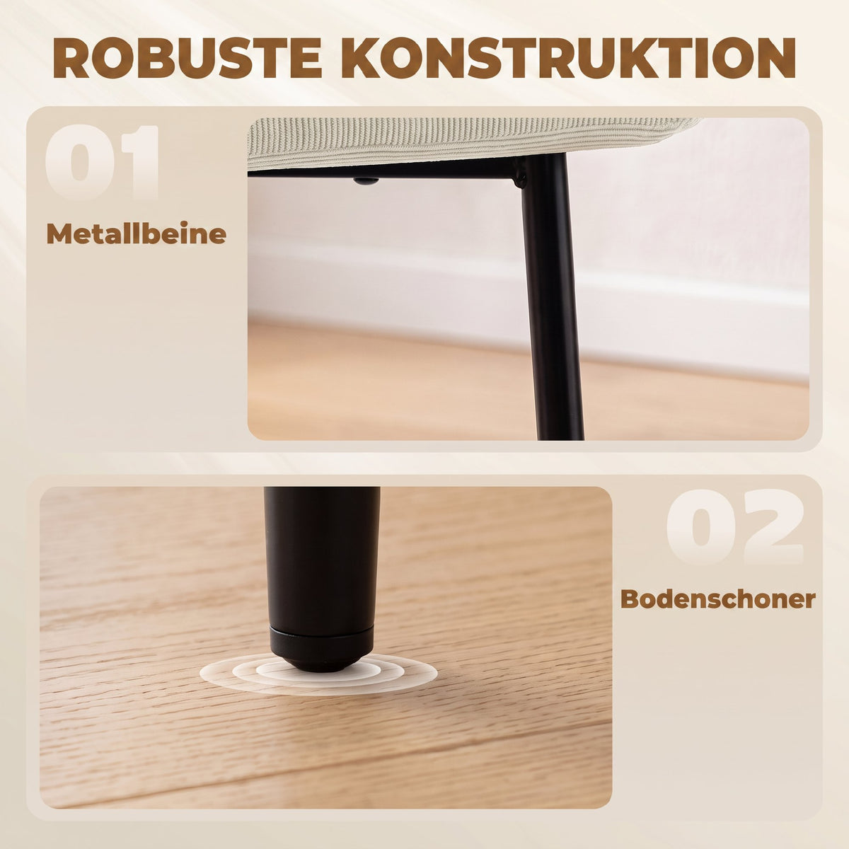 Eetkamerstoelen set van 2, gestoffeerde keukenstoelen met metalen poten, crèmewit (6)