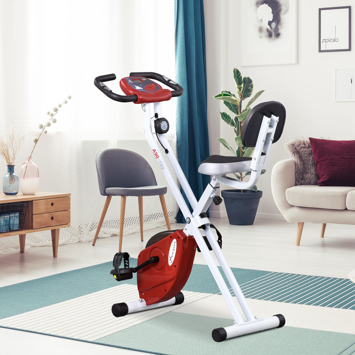 Hometrainer met magnetische weerstand, 8 standen, in hoogte verstelbaar, LCD-scherm, rood + wit (2)