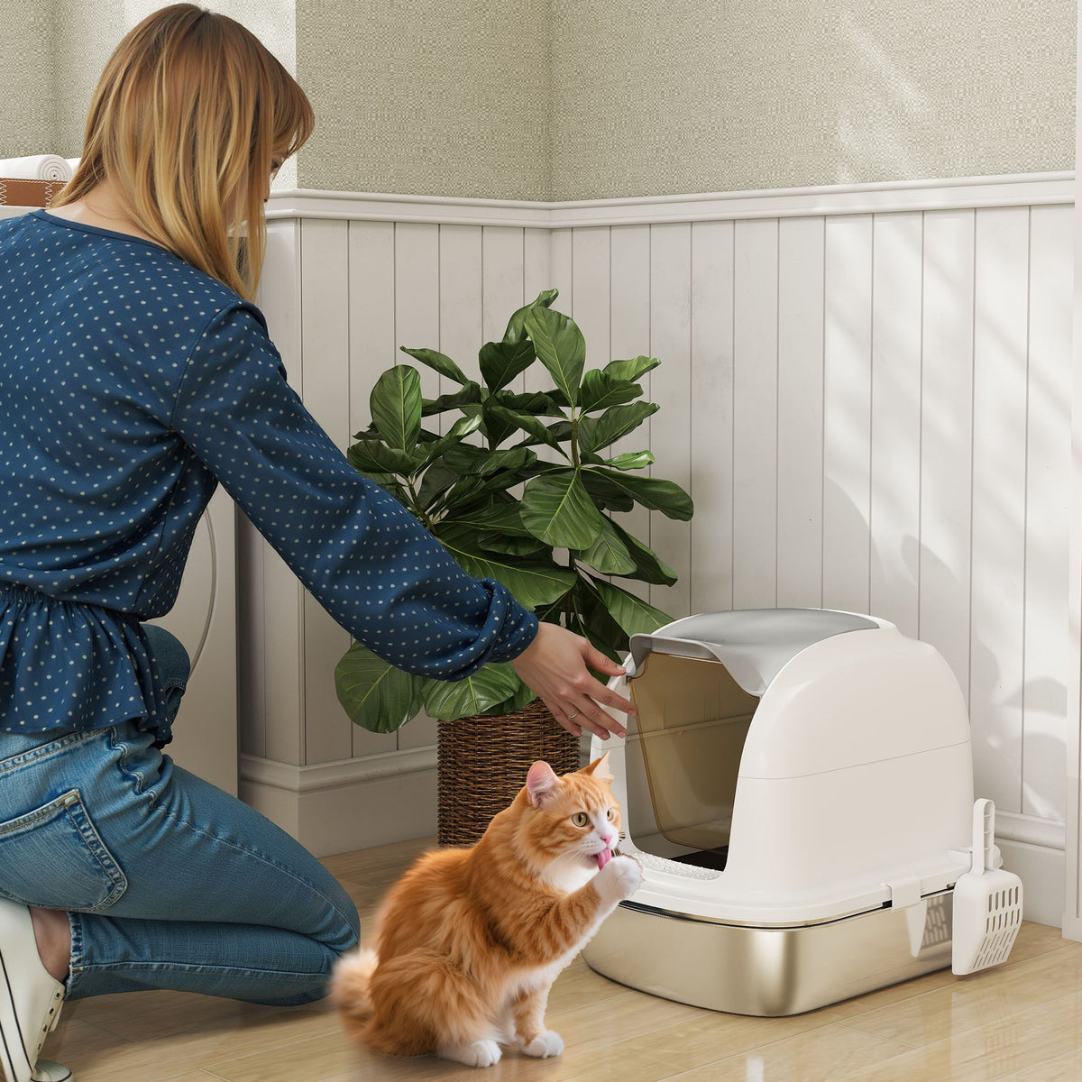 Roestvrijstalen kattenbak met deksel, kattenbak met opvangbak, strooischep, voor katten onder 5 kg, 52,4 x 41,3 (2)