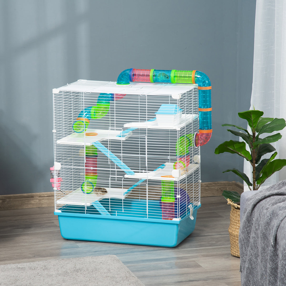 Hamsterkooi 5 verdiepingen knaagdierkooi klein dier kooi van staaldraad met loopwiel, helling, drinkfles (2)