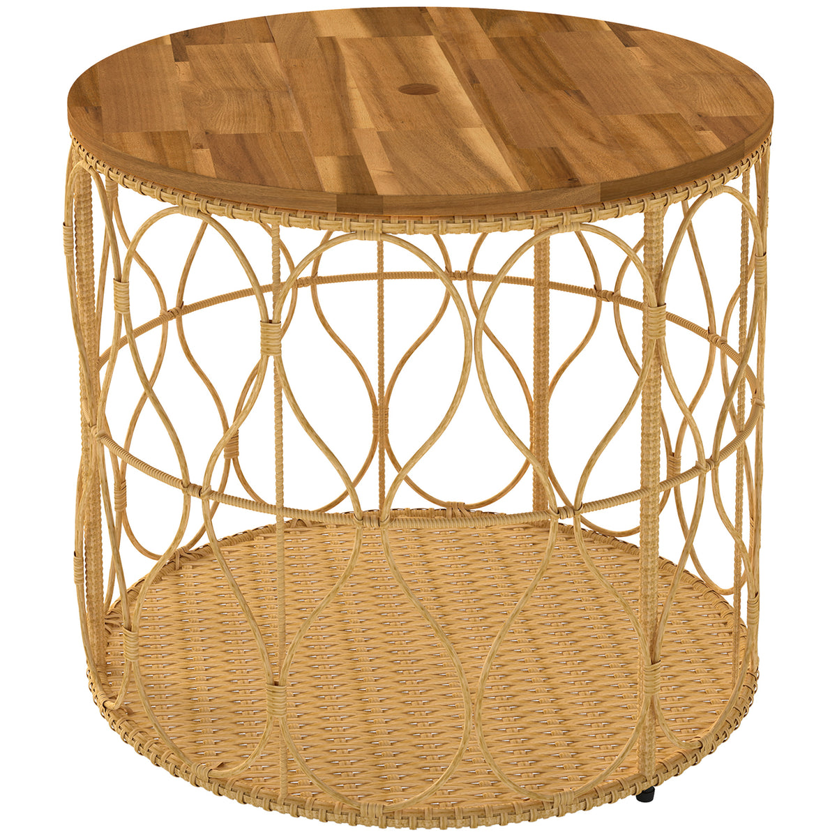 Bijzettafel Ø50 cm weerbestendige tuintafel met rotanlook, acaciahouten blad en verstelbare poten, teak