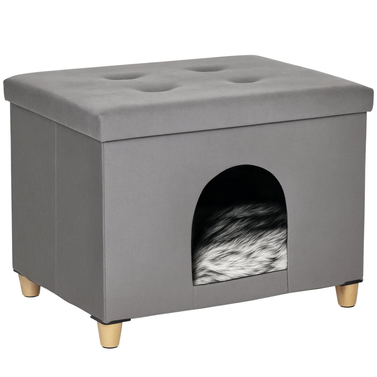 2-in-1 kattenhol voetenbank met kussen houten poten kattenhuis kattenmand zacht gevoerd ottomaan elegant ontwerp