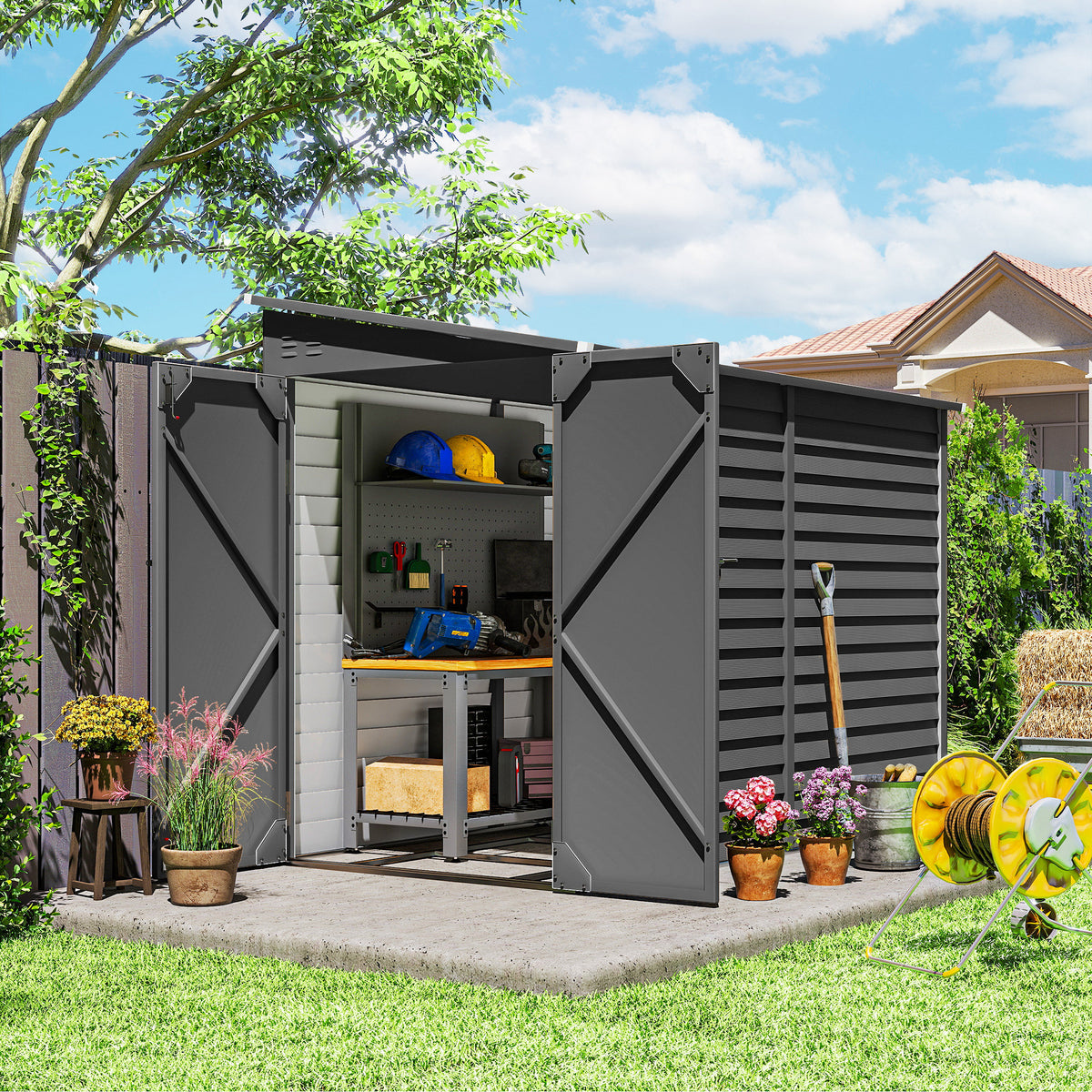 Metalen tuinhuis 3,5m² 143x270x202cm gereedschapsschuur met lessenaarsdak afsluitbare dubbele deur, fundering (2)