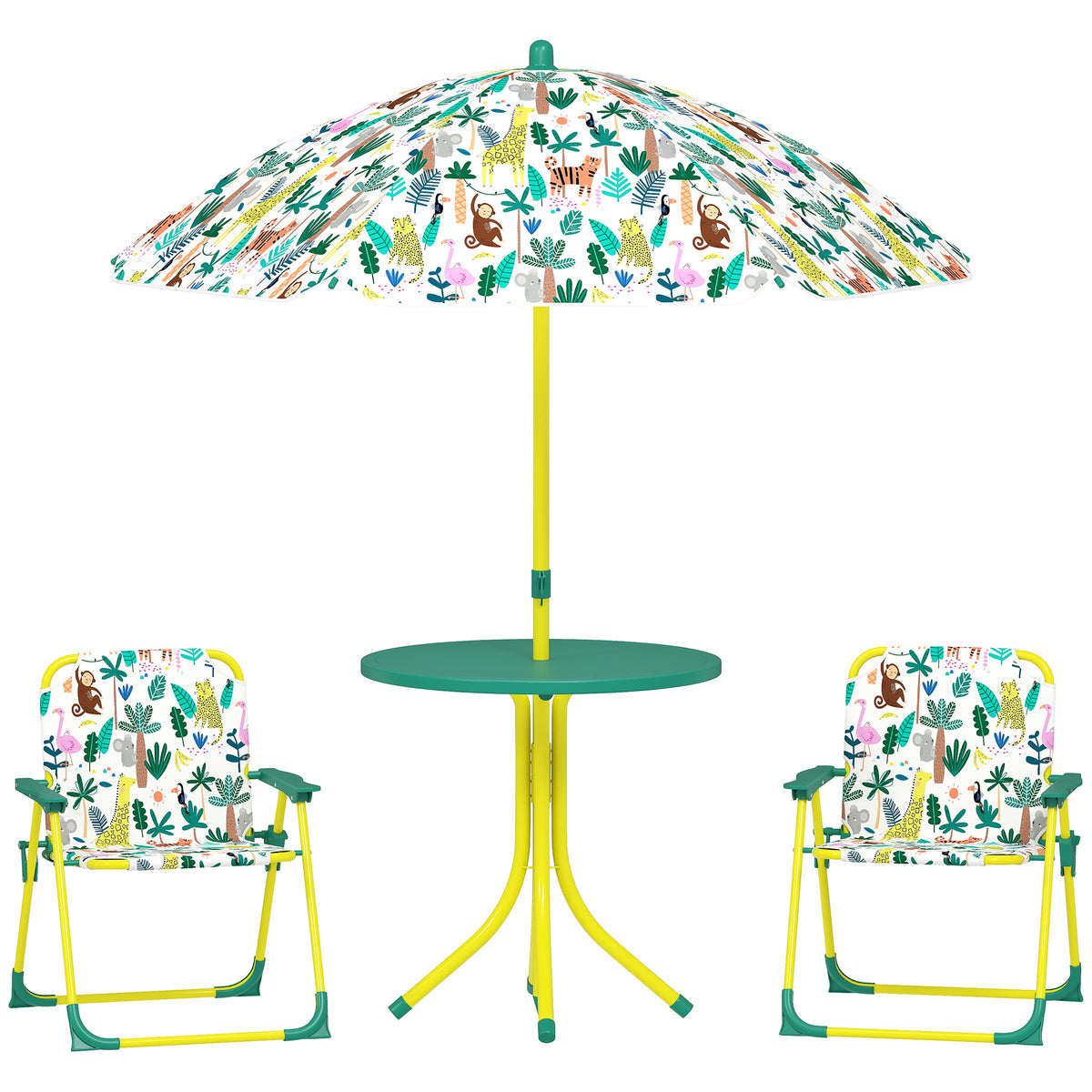 Kindertuinmeubelset, 4-delige kindertuinset met afneembare parasol, kindertafel met 2 klapstoelen, groen