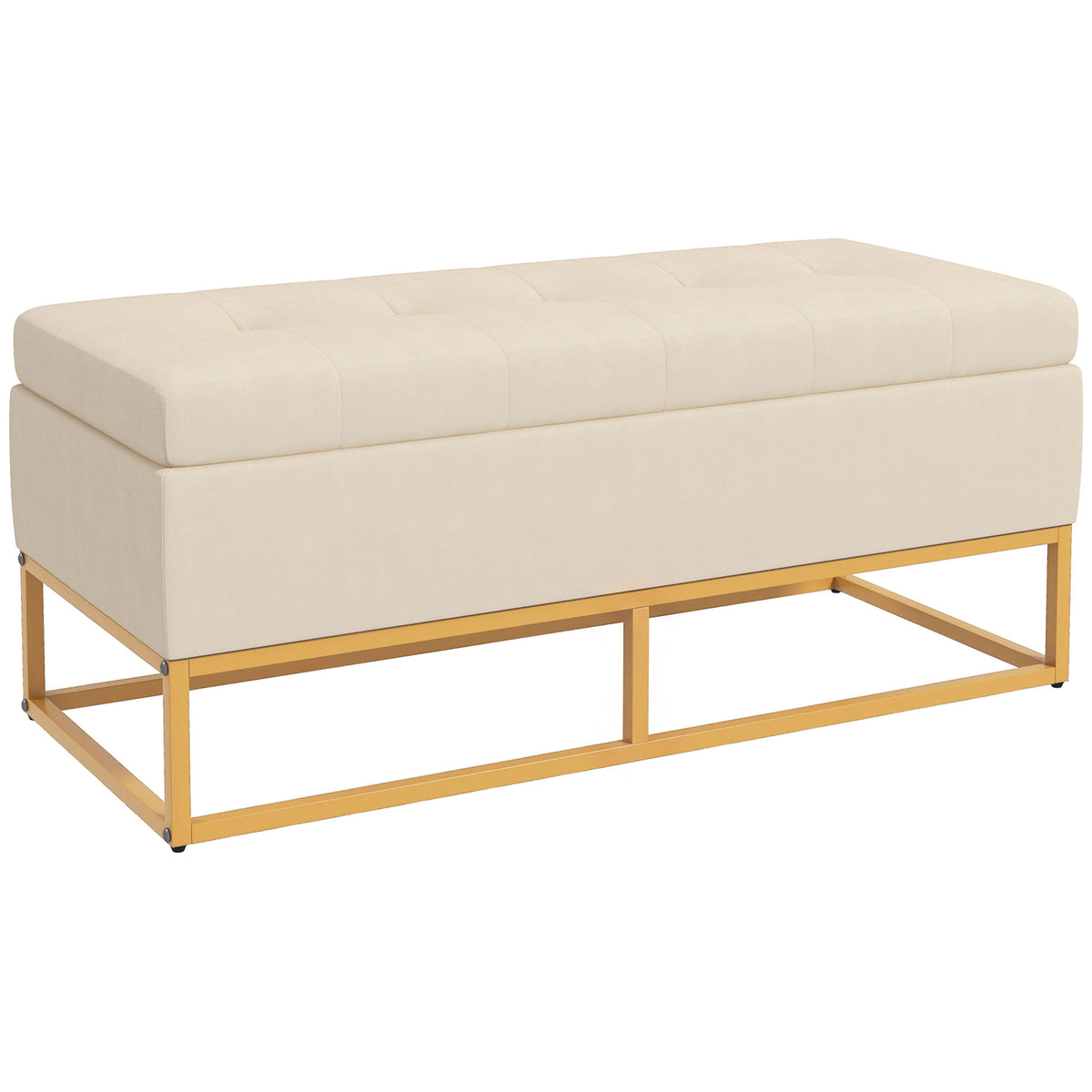 Opbergbank, decoratieve knoopstoffering, flanel-look, goudkleurige stalen poten, 110 x 47 x 46,5 cm