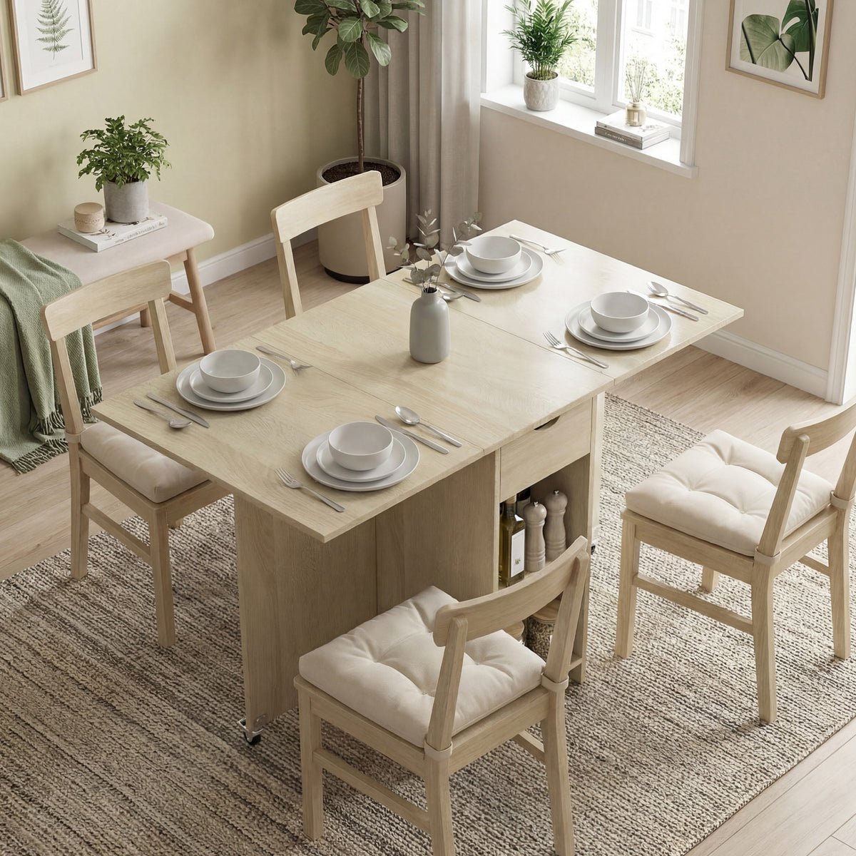 Inklapbare eettafel voor 2-4 personen, verrijdbare tafel met open vak en lade, ideaal voor kleine ruimtes (2)