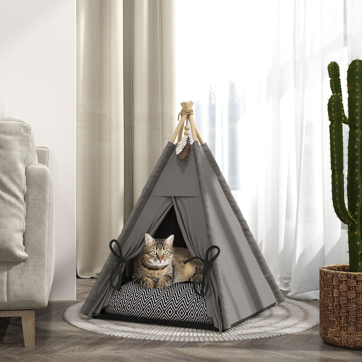 Tipi-tent voor huisdieren, dierenbed in tipi-design, kattentent met kussen, hondenbed om in te slapen, kattenbed (2)