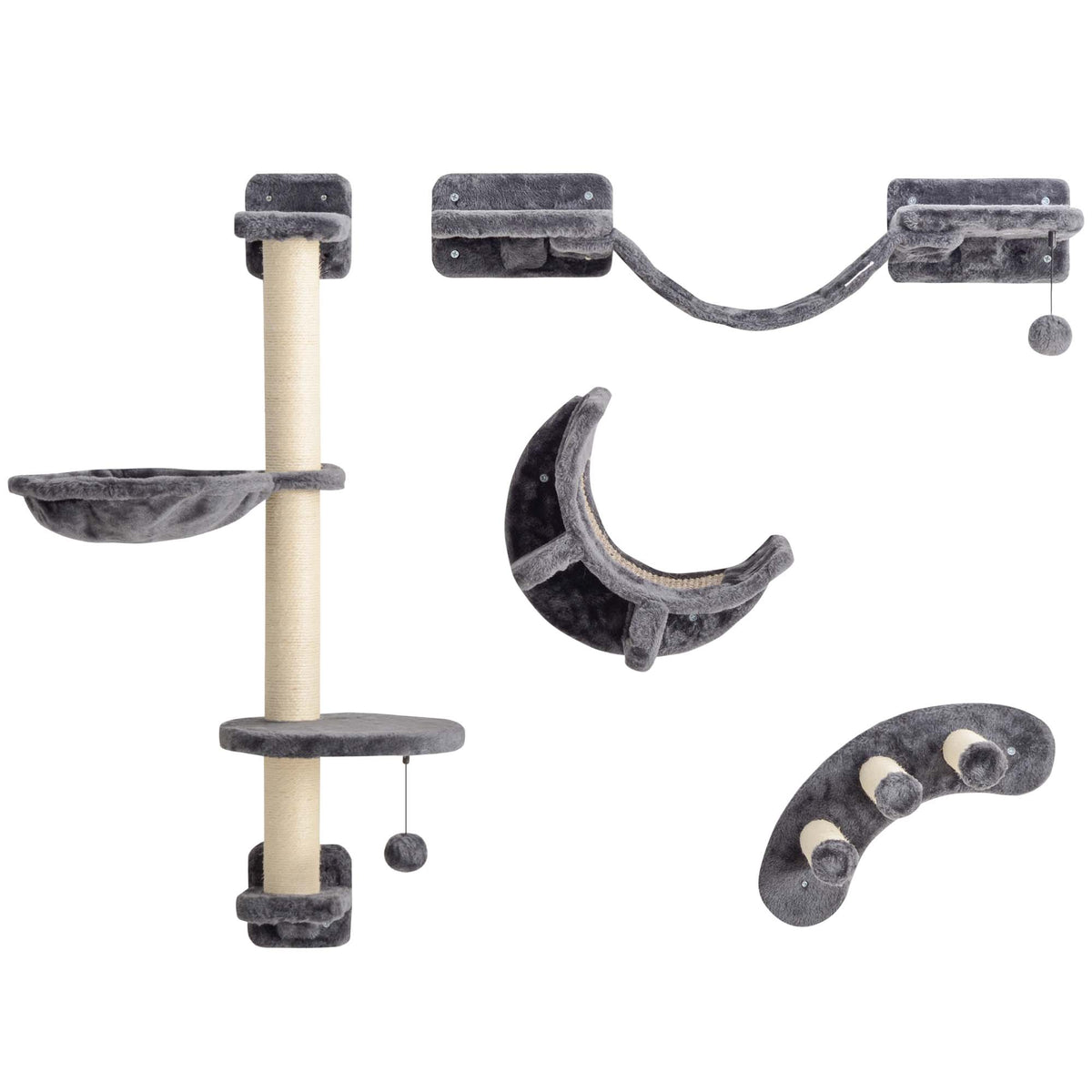 Klimwand katten 4-delig, kattenklimwandset met hangmat, kattenbrug tot 5 kg, donkergrijs
