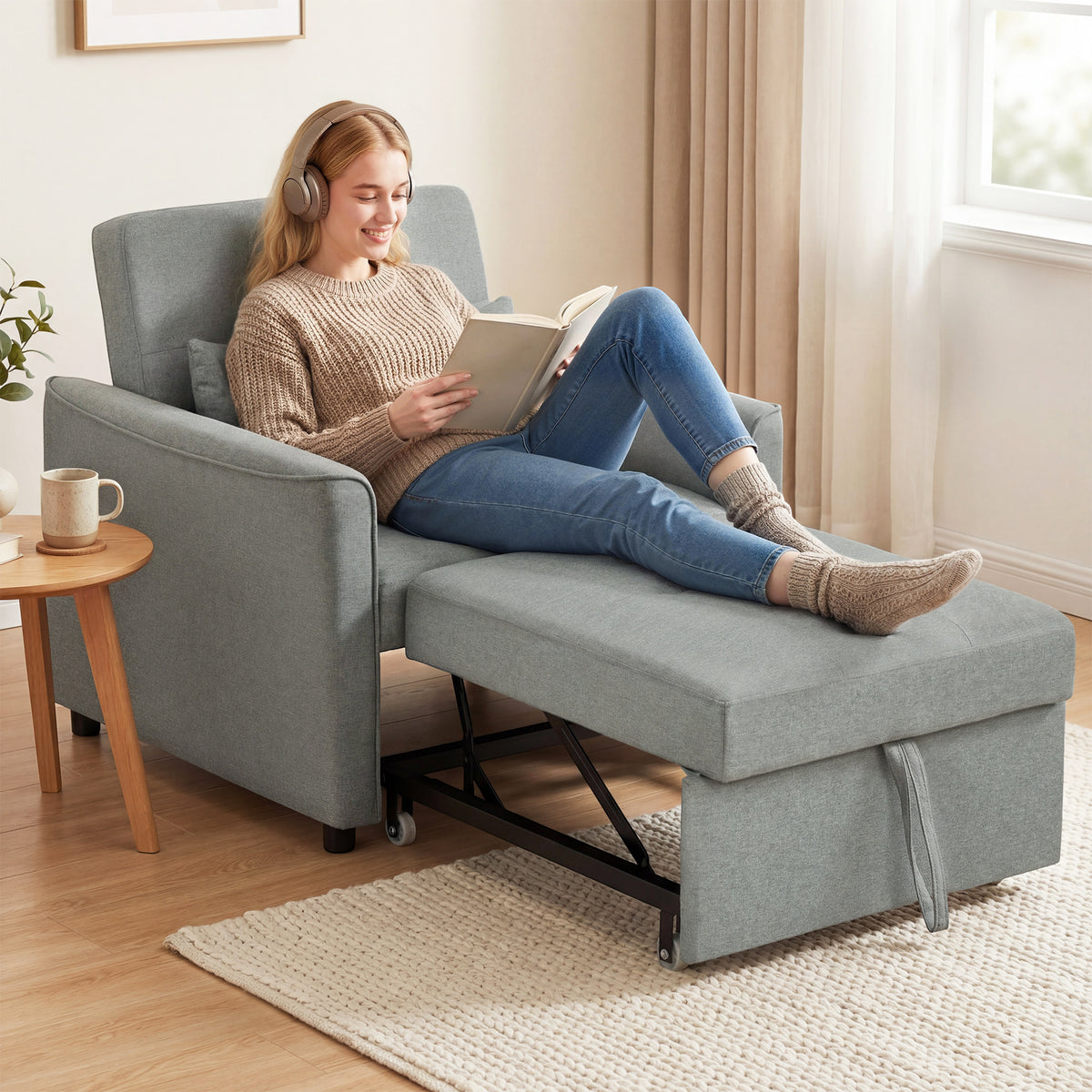 3-in-1 slaapfauteuil, uittrekbare slaapbank-fauteuil met verstelbare rugleuning, grijs (2)