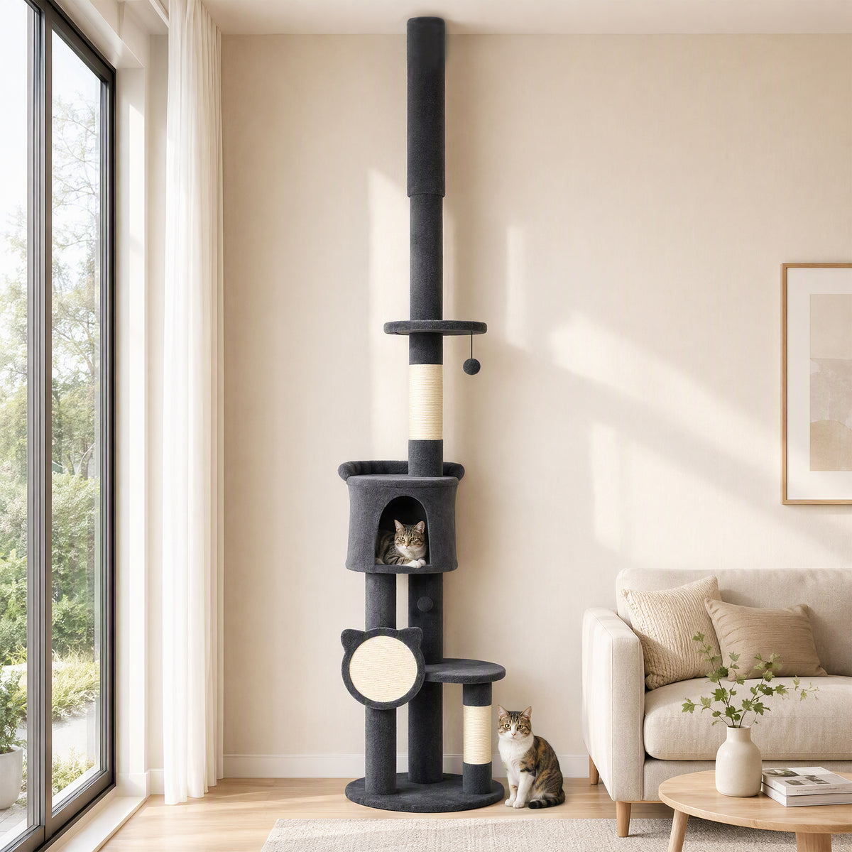 Krabpaal plafondhoog 225–255 cm in hoogte verstelbaar, kattenboom met 5 niveaus, sisal-krabpalen, krabplank en (2)