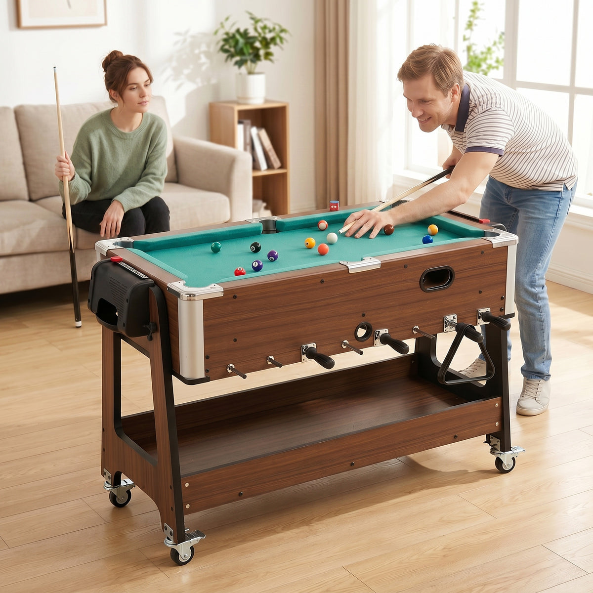 3-in-1 multi-speeltafel draaibaar multifunctionele tafel met biljarttafel, tafelvoetbal, airhockey en opbergvak (2)