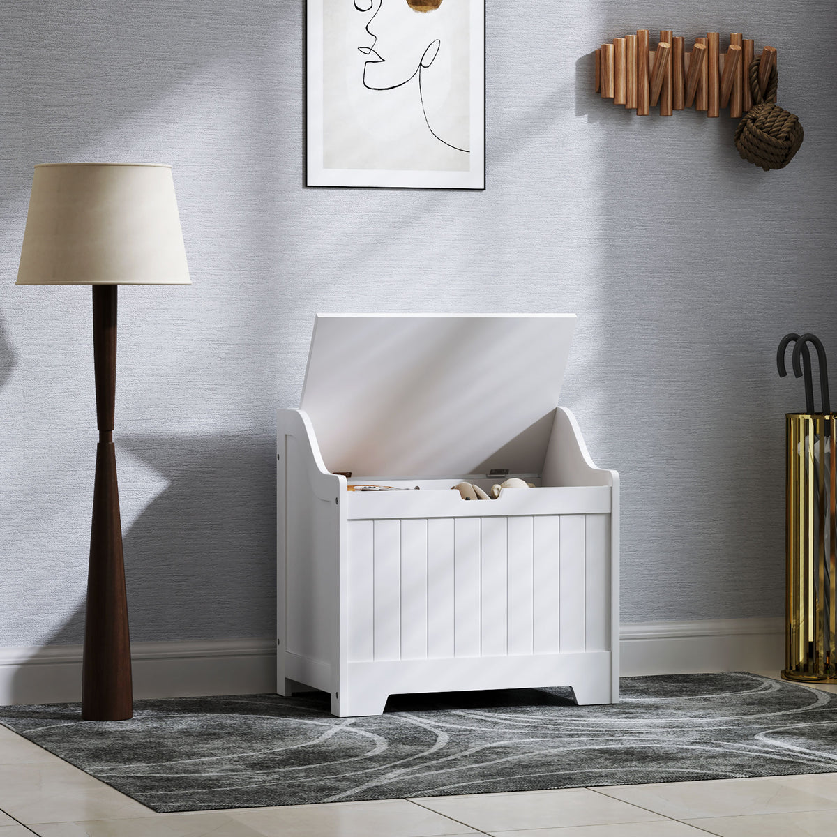 Opbergkist, houten kist met deksel, veel opbergruimte, modern design, wit (2)