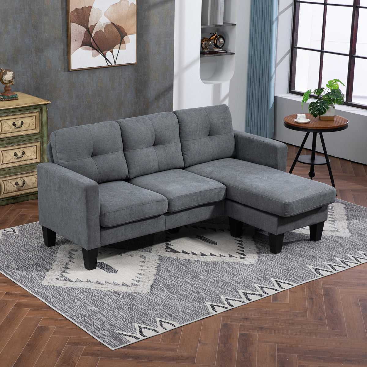 Hoekbank in L-vorm, aan beide zijden monteerbare chaise longue, gestoffeerde bank, donkergrijs (2)