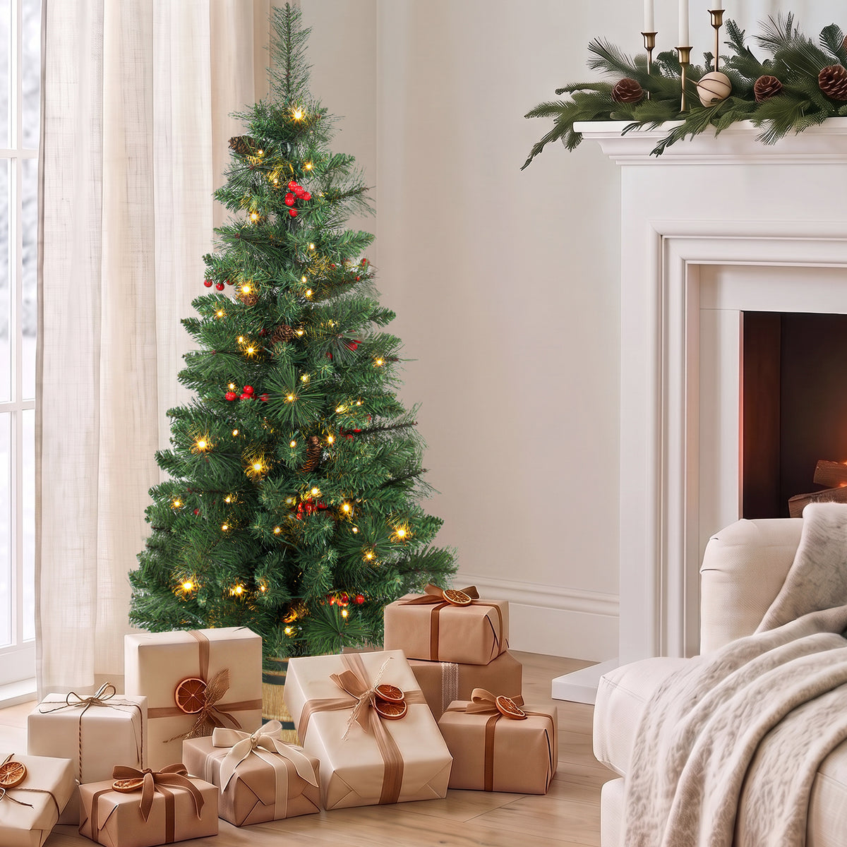 Kunstkerstboom, 120 cm kerstboom met 100 ledlampjes, 131 takpunten, bessen, 2 lichtkleuren, afstandsbediening (2)