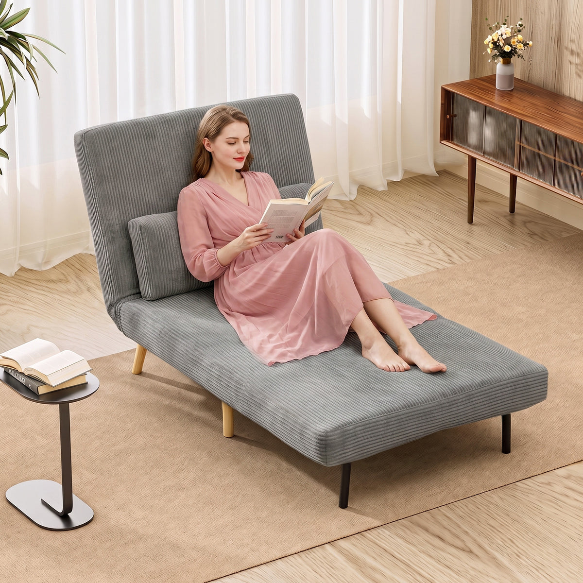 Slaapfauteuil 3-in-1, uitklapbare fauteuil van corduroy met slaapfunctie, verstelbare rugleuning, kussen (2)
