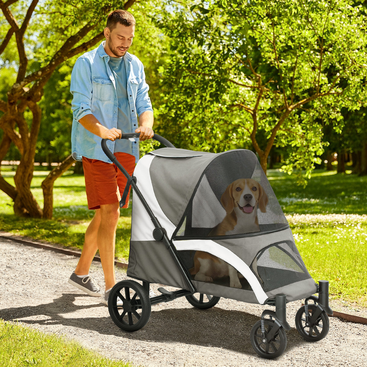 Hondenwagen, opvouwbare hondenbuggy voor middelgrote honden, huisdierwagen met 4 wielen, veiligheidslijnen (2)