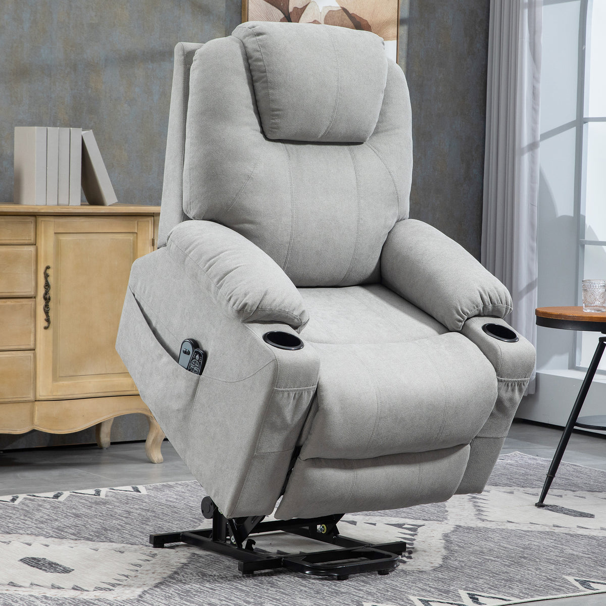 Massagestoel opstahulp seniorenstoel, 8 vibratiepunten, 2 zijvakken, bekerhouder, 90 x 101 x 107 cm, grijs (2)