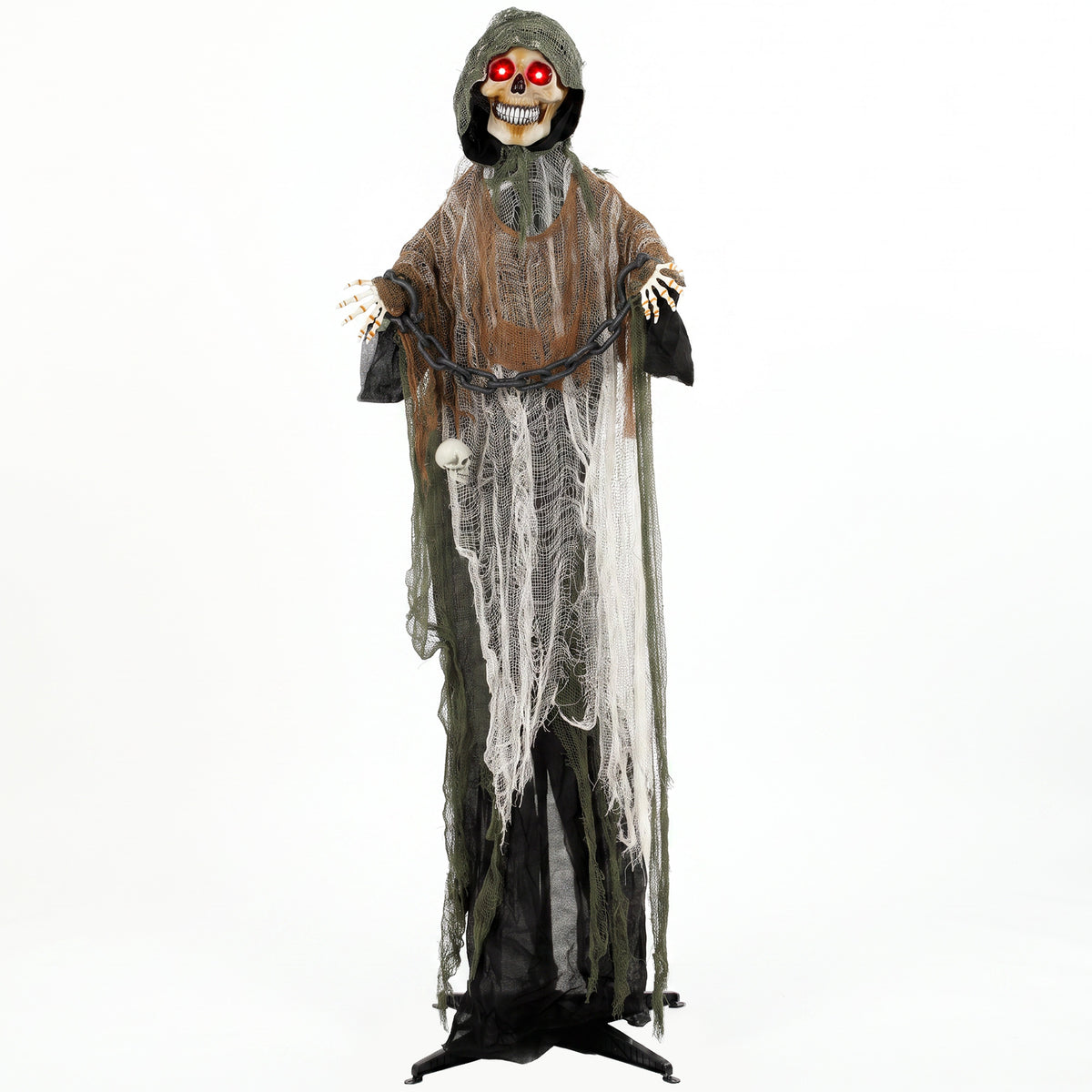 Geanimeerde Magere Hein, 170 cm, levensgrote Halloween-animatronic met bewegende handen/hoofd, lichtgevende ogen
