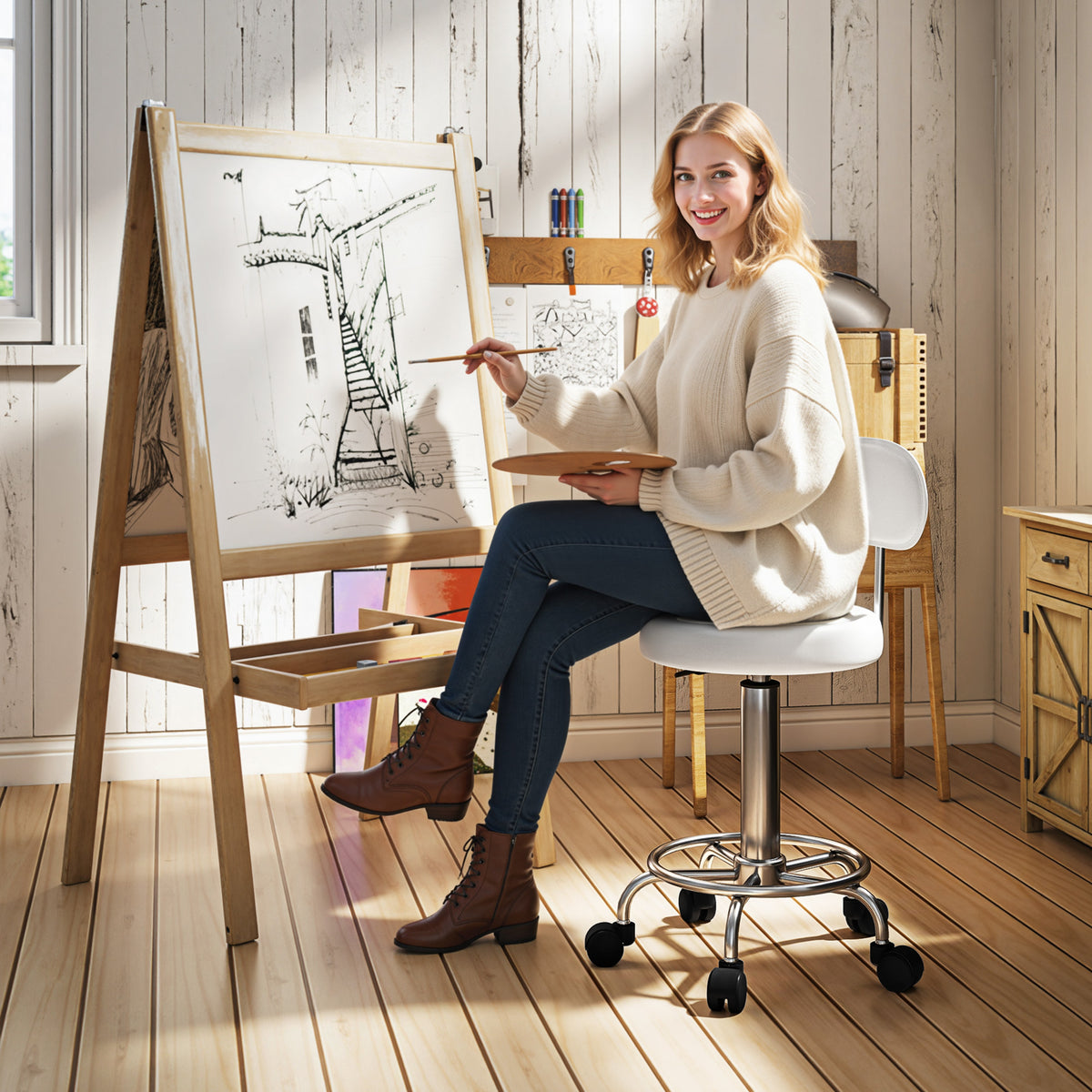 Rolkruk, draaibare en verstelbare kruk met rugleuning, kunstlederen bekleding, voetensteun, voor kaptafels, wit (10)