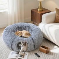 Kattentunnel, pluche, kussen, opvouwbaar, metalen frame, kattenhol, lichtgrijs (2)