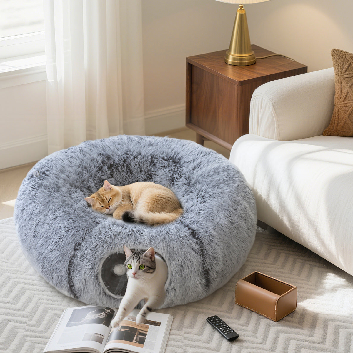 Kattentunnel, pluche, kussen, opvouwbaar, metalen frame, kattenhol, lichtgrijs (2)