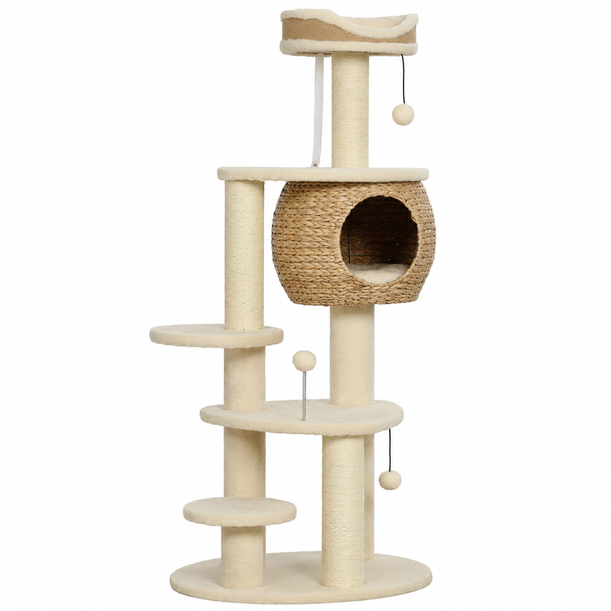 Krabpaal groot 132 cm hoog kattenboom met lisdodde-grot krabpalen bed 3 speelballen kantelbeveiliging 1-2 katten