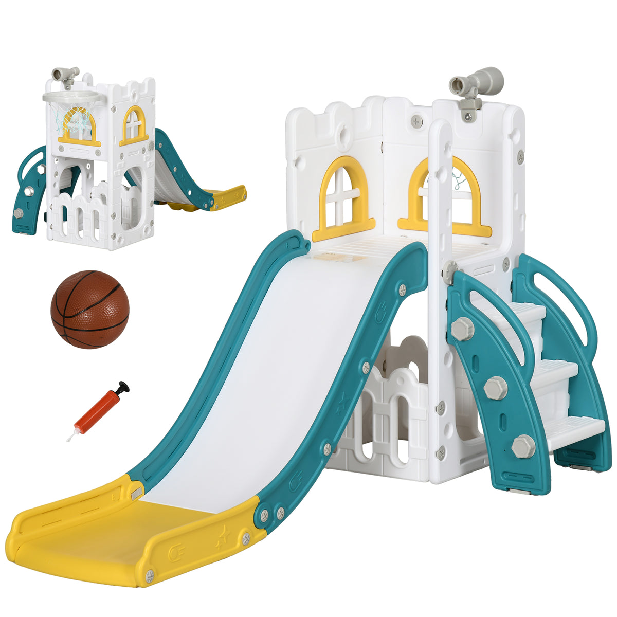 Kinderglijbaan, 5-in-1, peuterglijbaan met basketbalring, telescopisch klimrek geel 70 x 177 x 92 cm