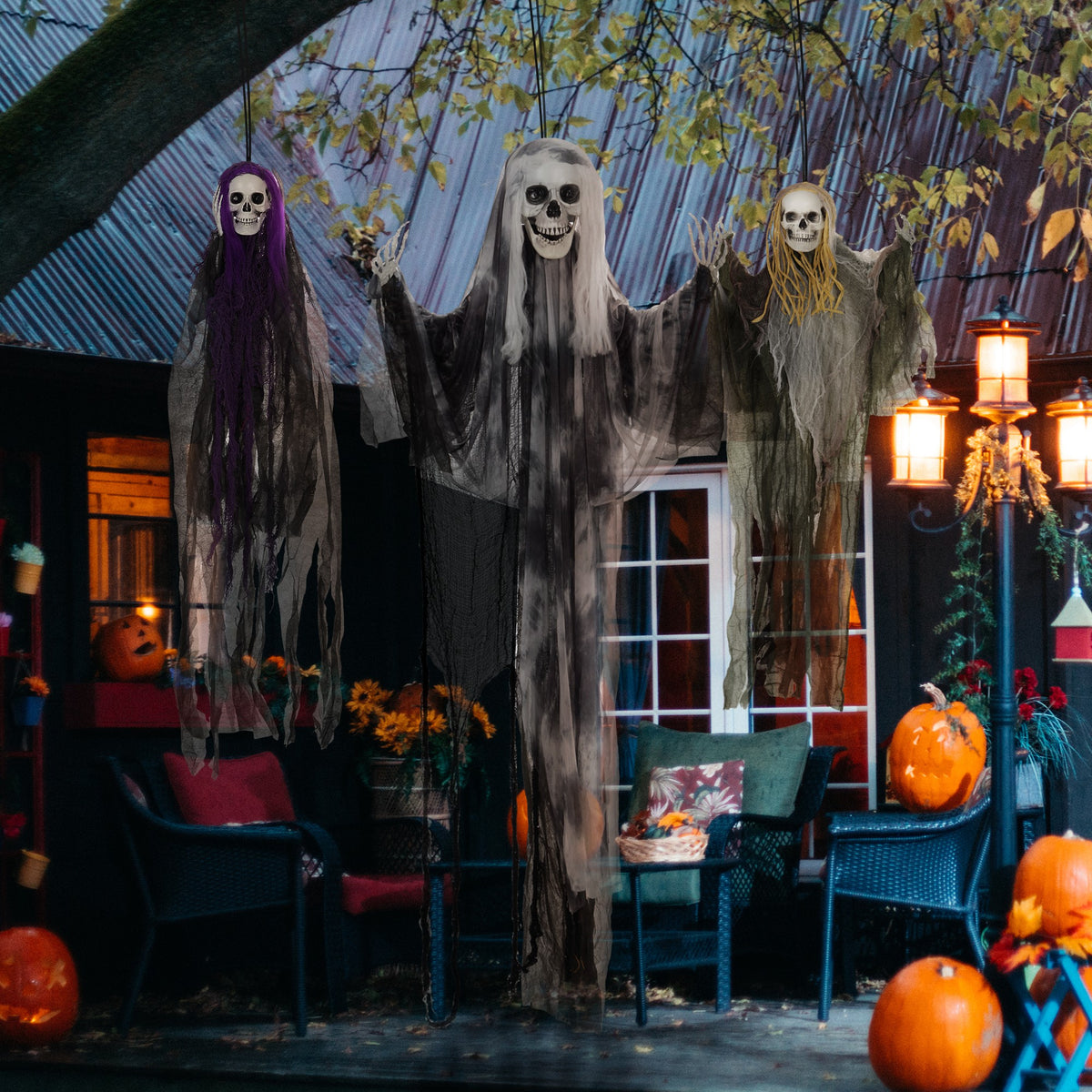 Hangende skeletgeesten, 3-delige set, Halloweendecoratie, verstelbare armen, 90/110/200cm (2)