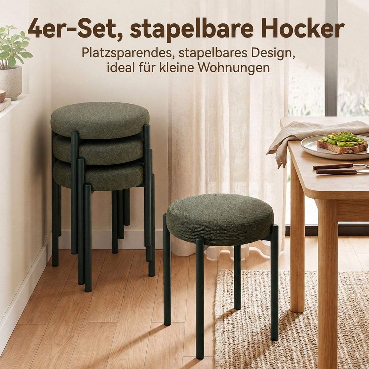 Eetkamerkrukken set van 4 stapelbare krukken met stalen poten, linnenlook voor eetkamer, woonkamer, keuken (6)