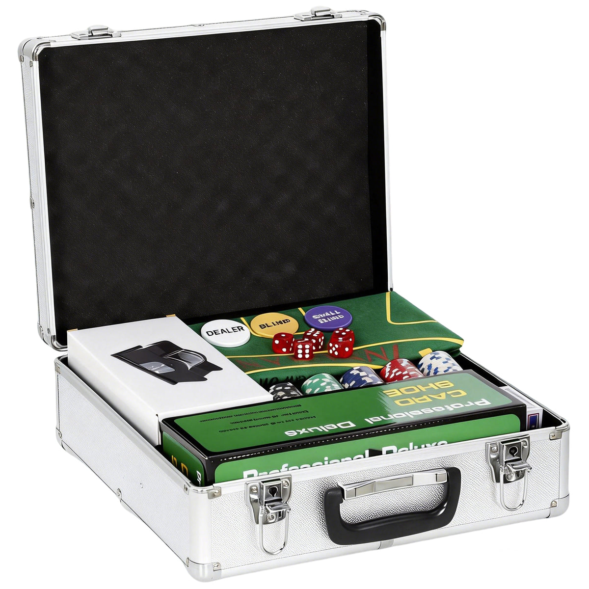 Pokerset, 500 fiches, dobbelstenen, 2 kaartspellen, accessoires, koffer, voor 10 spelers