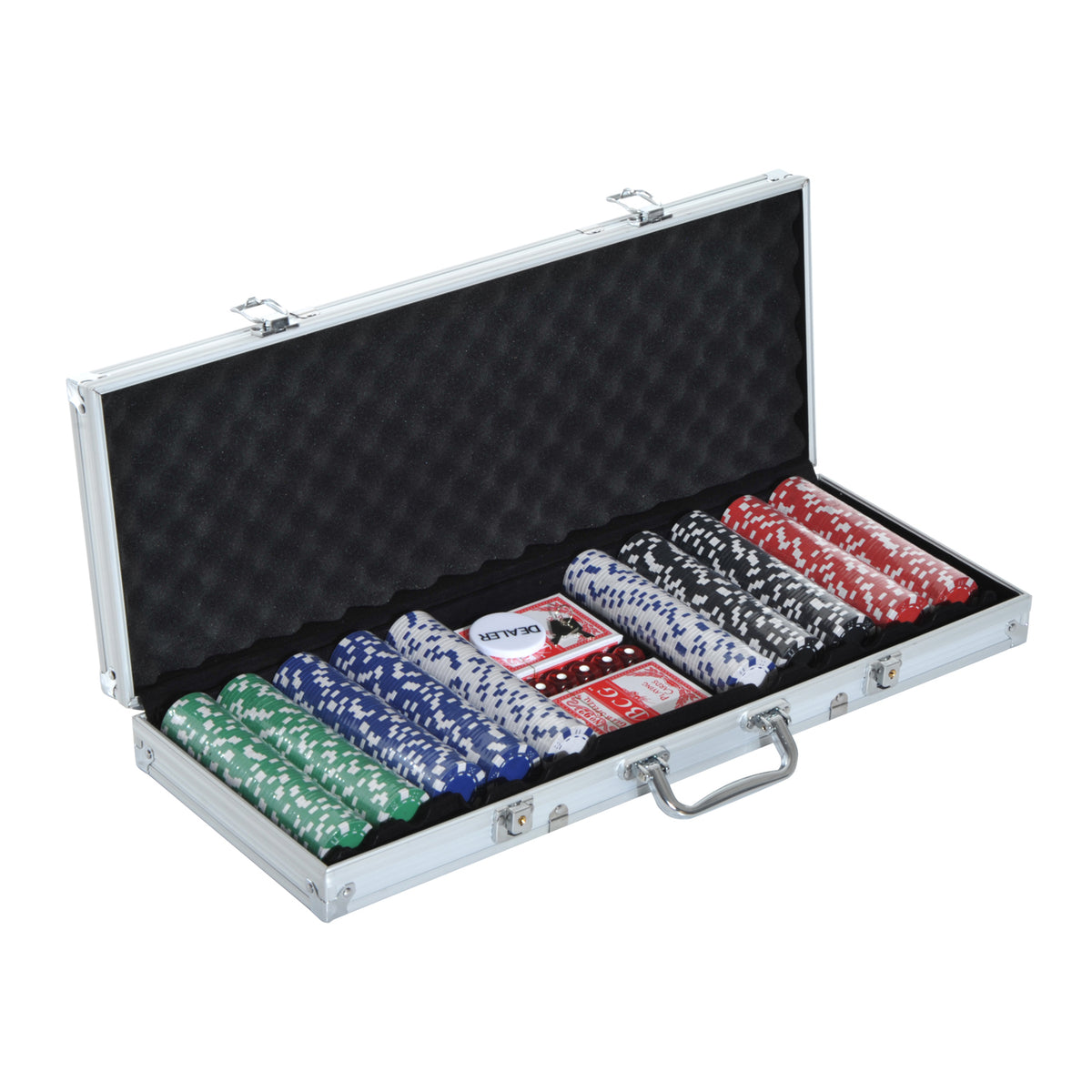 Pokerset, 500 fiches, 2 kaartspellen, 5 dobbelstenen, aluminium koffer, afsluitbaar