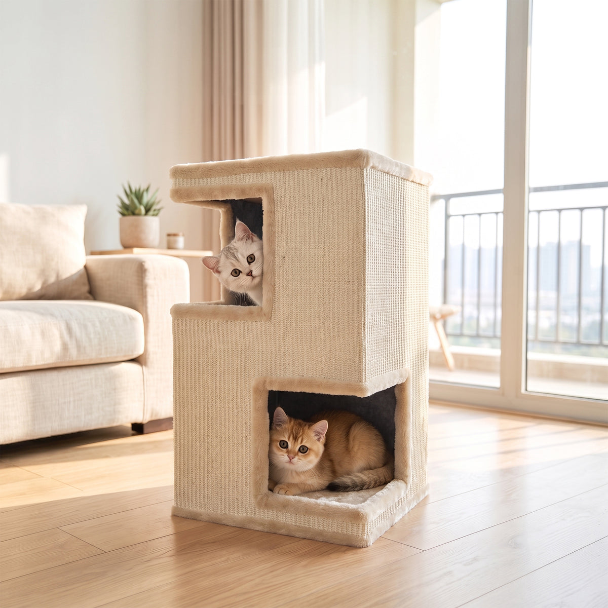 3-laagse kattenton voor binnen, halfgesloten kattenhol met kraboppervlakken rondom, 2 kattenholen (2)