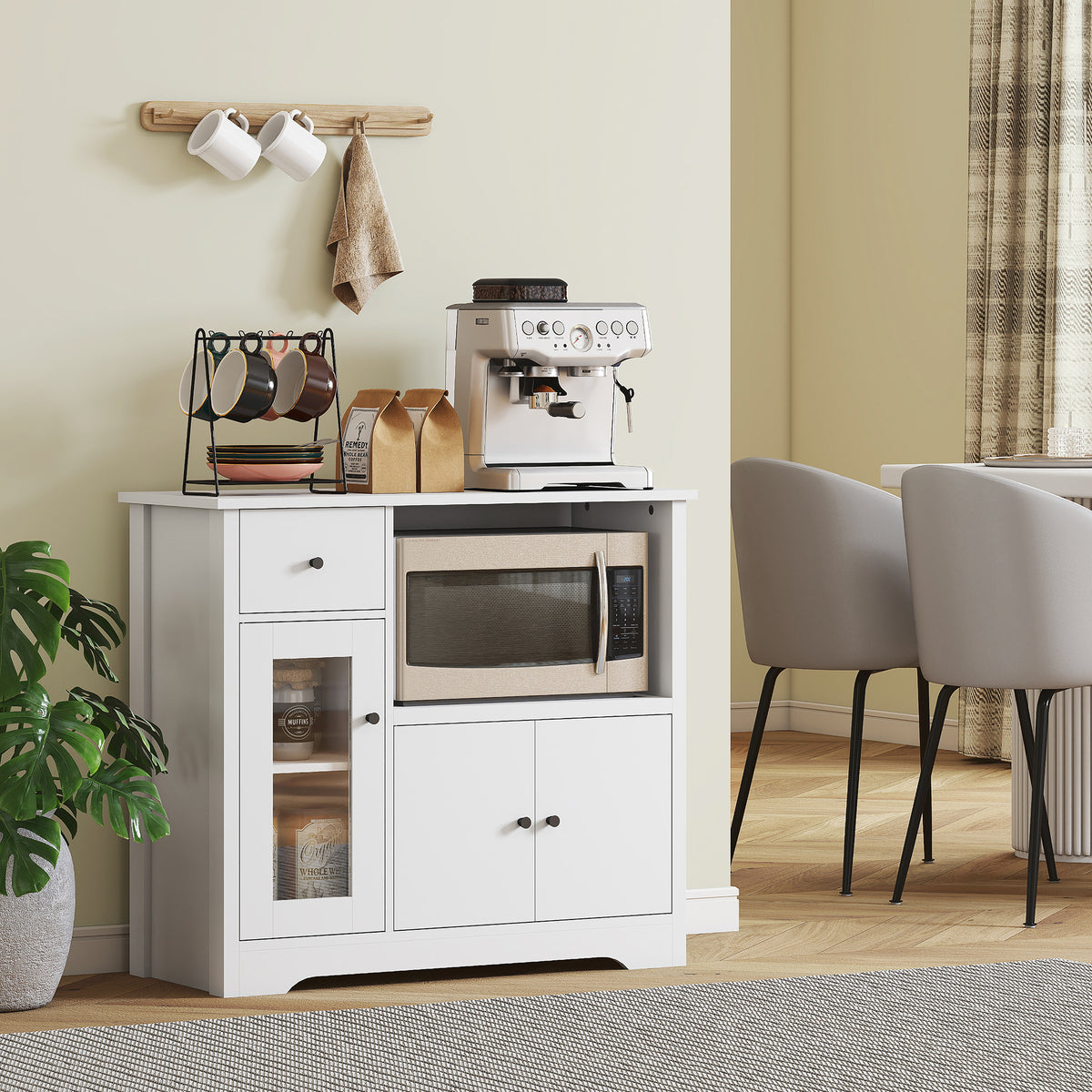 Keukenkast met kabelgat, commode met 2 kasten, open vak, lade, 80 x 35 x 72,2 cm, spaanplaat, wit (2)