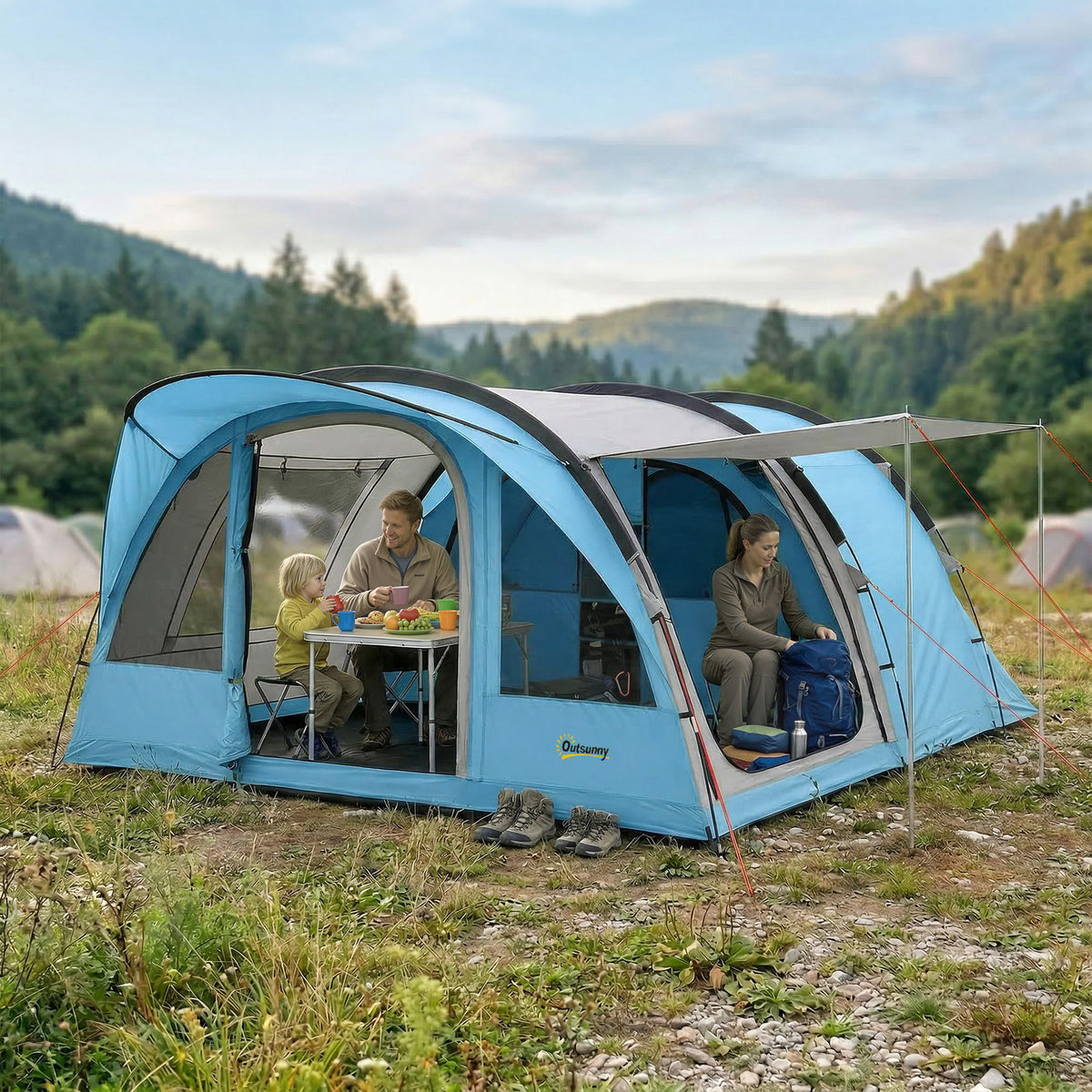 Tunneltent 4 personen familietent met slaapcabine voortent uitneembare scheidingswand ramen grondzeil stahoogte (2)