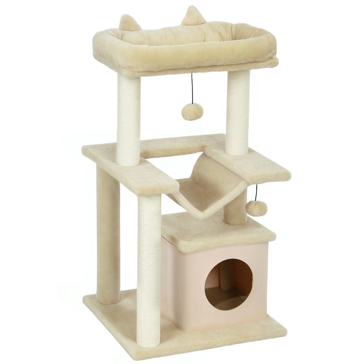 Kattenboom, krabpaal met speeltje, zitstok, hangmat, 48 x 48 x 90 cm, crème