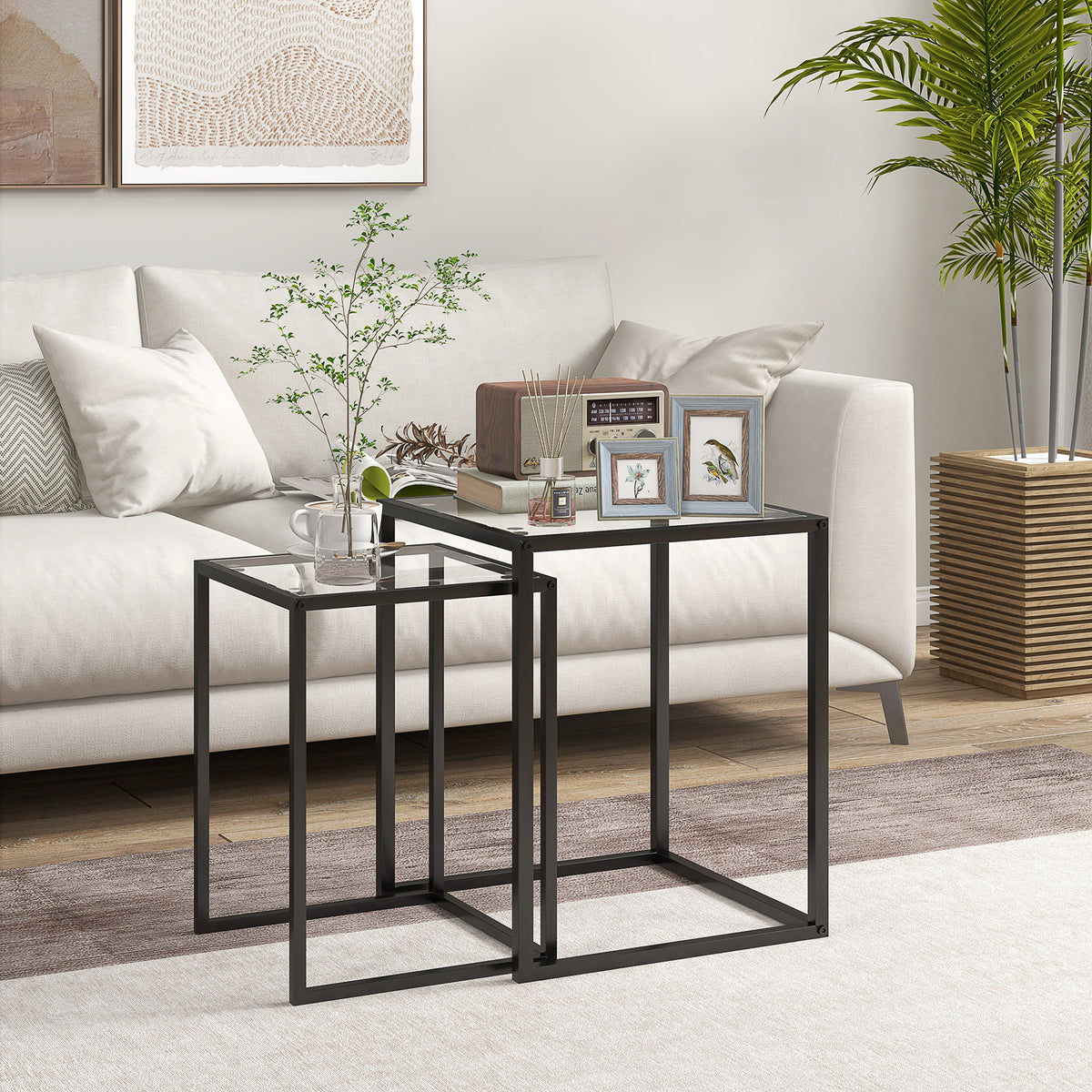 Set van 2 bijzettafels stapelbaar nachtkastje salontafel met stalen poten, modern voor woonkamer zwart (2)