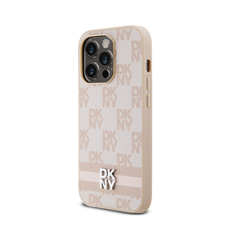 DKNY Leren Hoesje met Geruit Monogrampatroon & Gestreepte Print - hoesje voor iPhone 14 Pro (roze) (2)