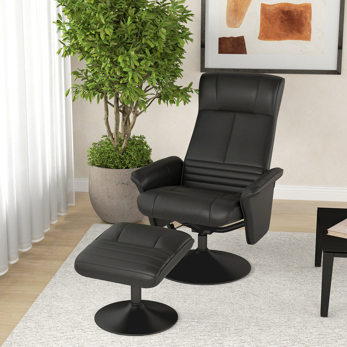 Gestoffeerde fauteuil, accentfauteuil met voetenbank, draaibaar, ergonomisch, microvezel-look, tot 150 kg, zwart (2)