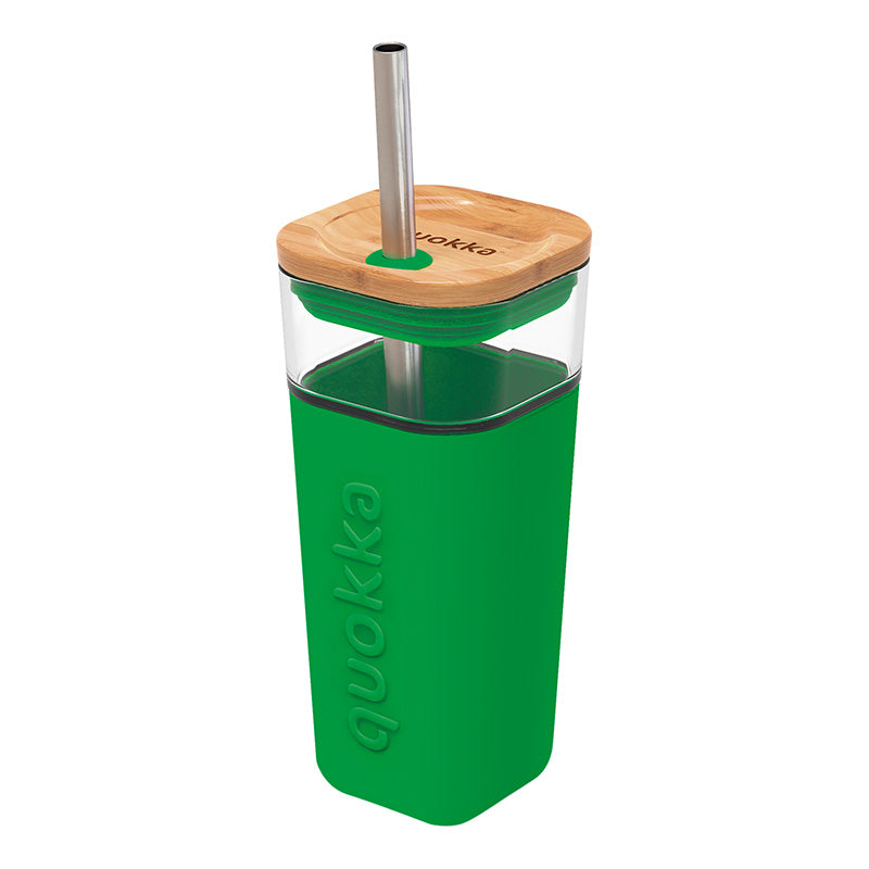 Quokka Liquid Cube - glazen beker 540 ml met roestvrijstalen rietje (groen)