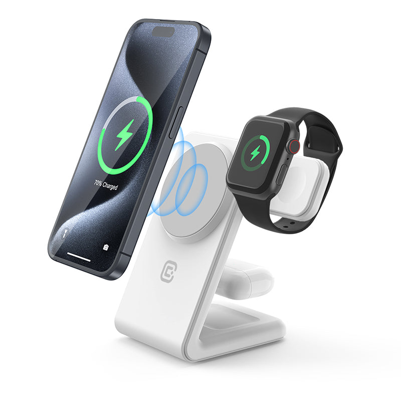 MagSpot Pivot-standaard – 3-in-1 draadloze oplader met MagSafe voor iPhone, Apple Watch en AirPods (wit)