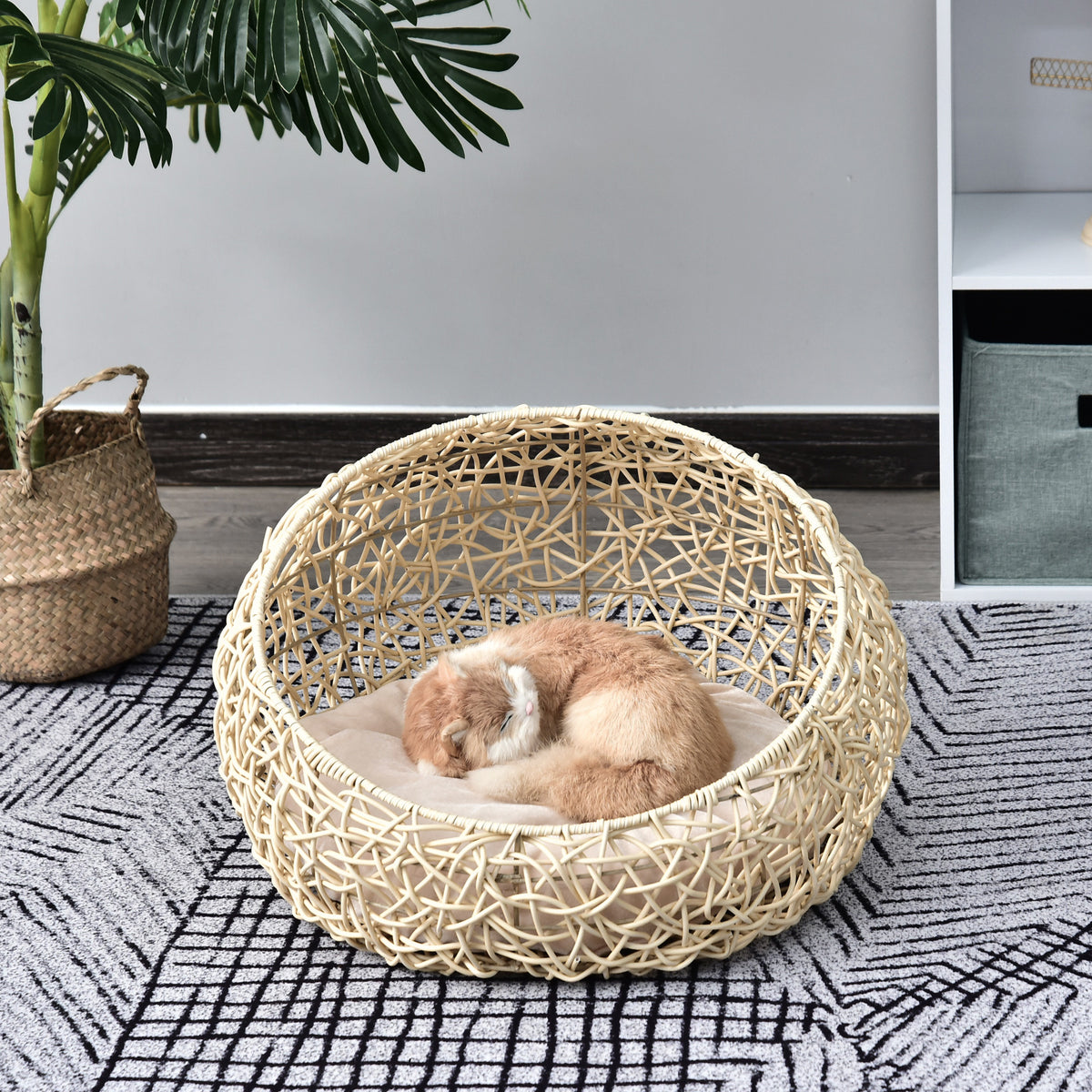 Rattan kattenhol kattenbed kattenhuis met kussen kattentent huisdierhuis voor katten honden beige Ø56 x 35 cm (2)