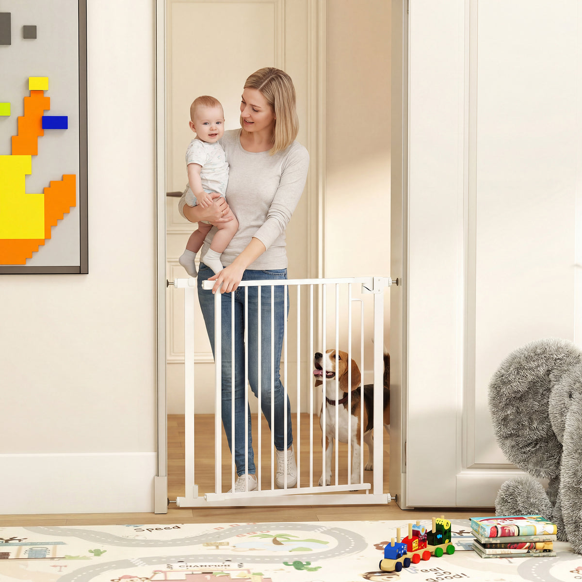 Traphekje veiligheidshek zonder boren met automatische sluiting voor kinderen keuken trap 76-80 x 76 cm wit (2)