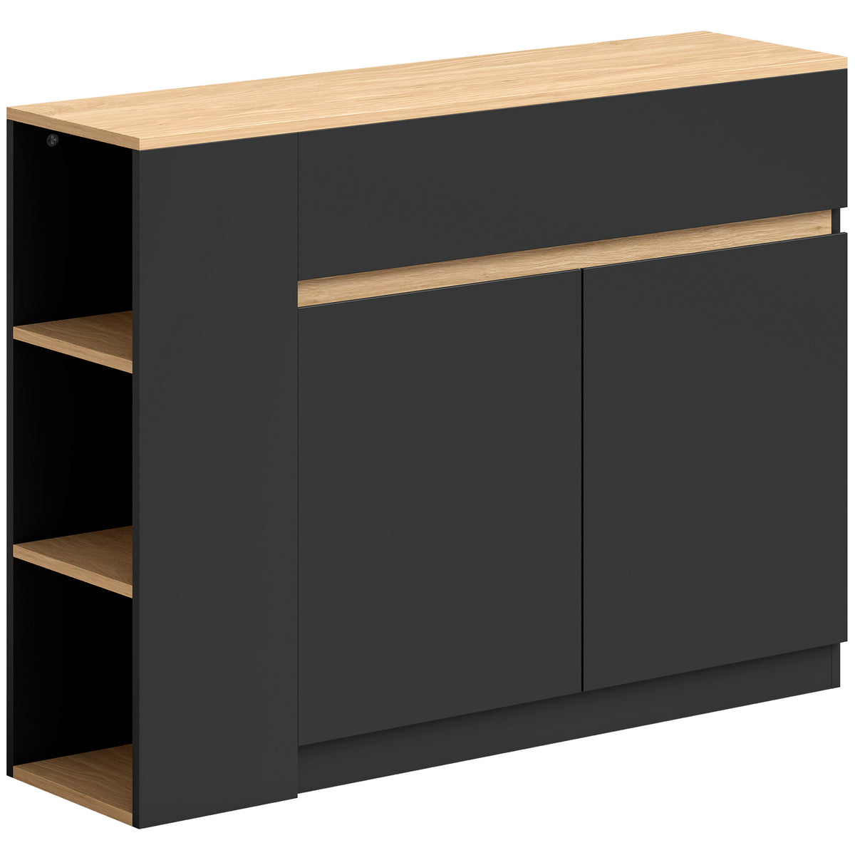 Dressoir, buffetkast, groot kastcompartiment, 3-staps plank, lade, zwart, 110 x 29,5 x 82 cm