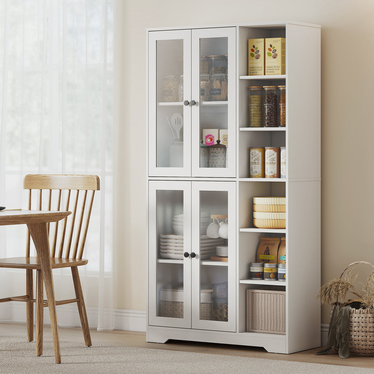 Keukenkast met glazen deuren, planken, open vakken, 172 cm hoog, MDF, wit (2)
