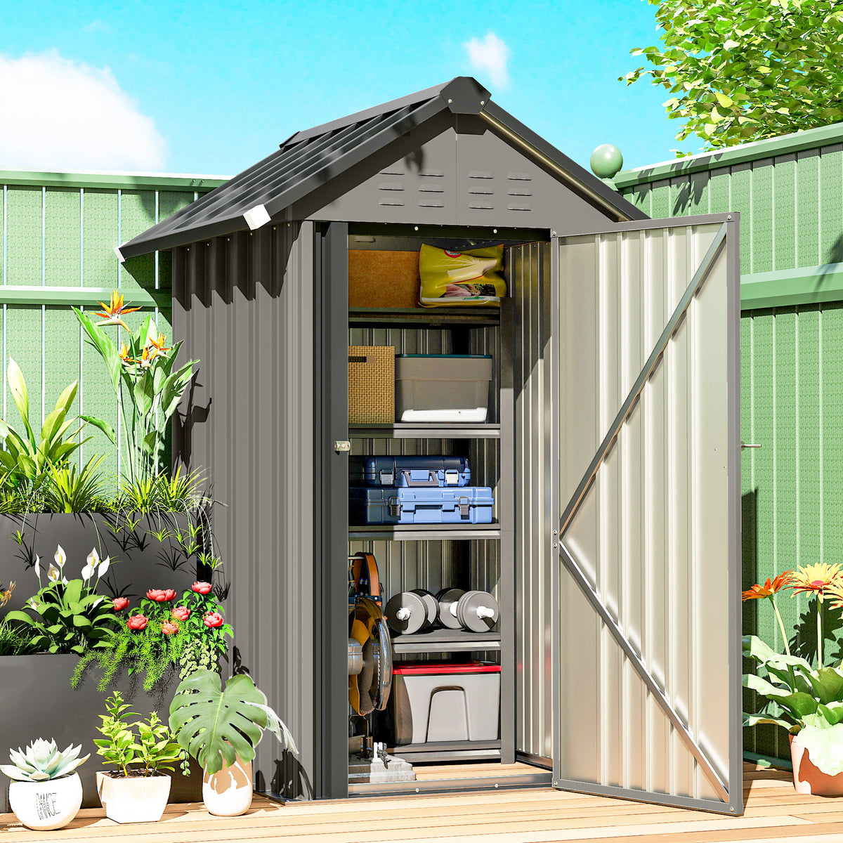 Metalen tuinhuis 1,17 m², gereedschapsschuur met zadeldak, ventilatie, slot en handschoenen, 122 x 121 x 192 cm (2)