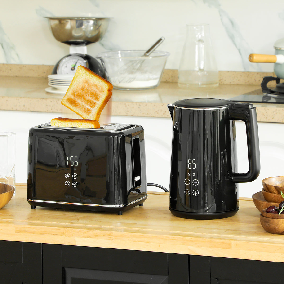 Keukenset met waterkoker en broodrooster, 7 bruiningsstanden, snel koken, roestvrij staal, kunststof, zwart (2)