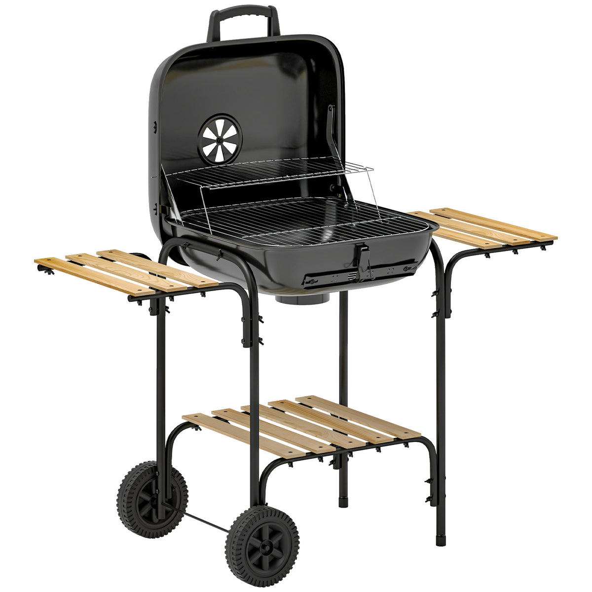 Houtskoolbarbecue van staal verrijdbare barbecue met afsluitbaar deksel grillrooster wielen handvat houten plank
